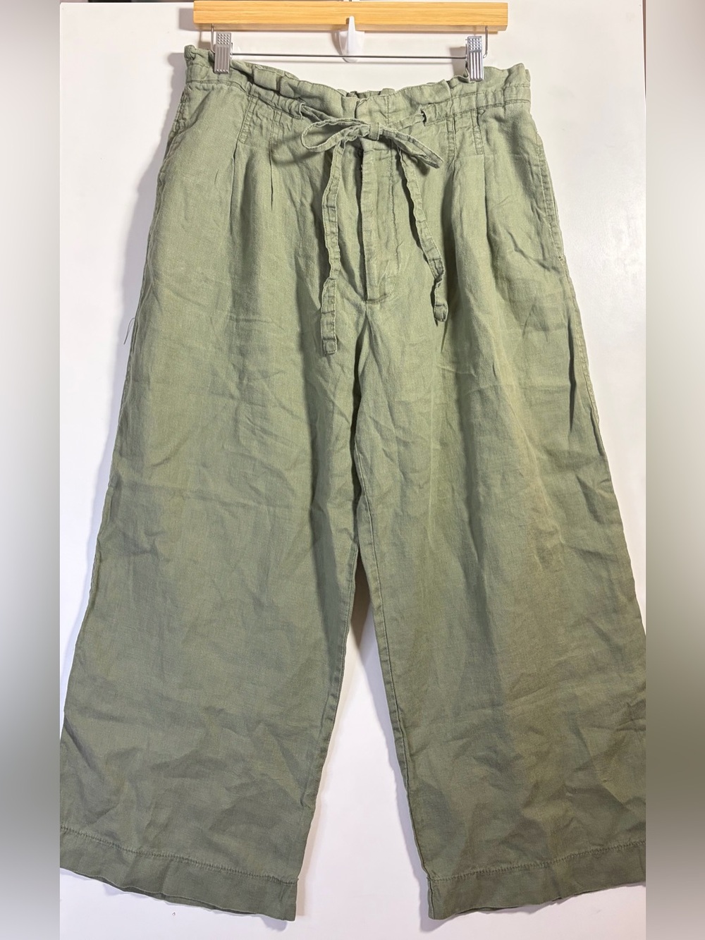 Magaschoni Olive Green Wide Leg Linen Pants Tie Waist Boho L